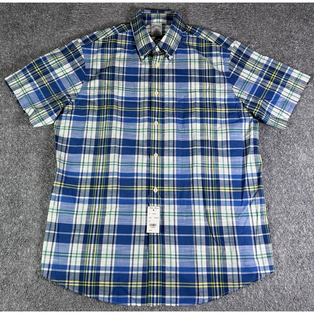 NWT Brooks Brothers Shirt Men's Large Blue Madras Plaid Short Sleeve Regent Fit